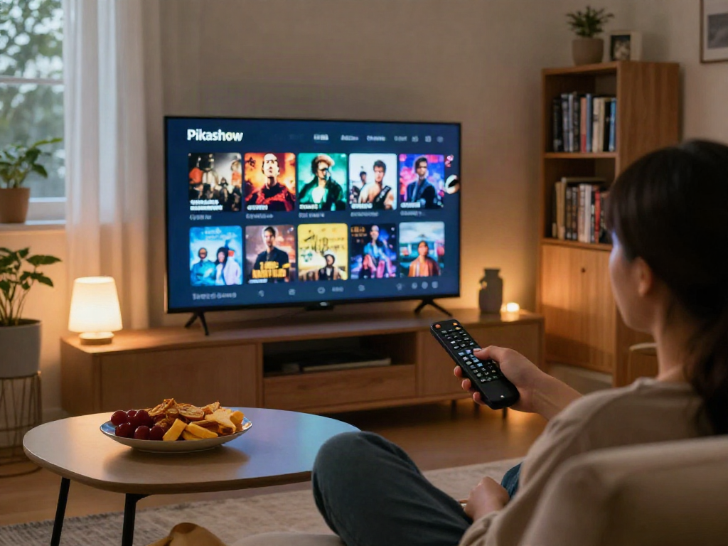 Engaging living room scene with a person browsing Pikashow APK on a smart TV for pickashowapk.com.