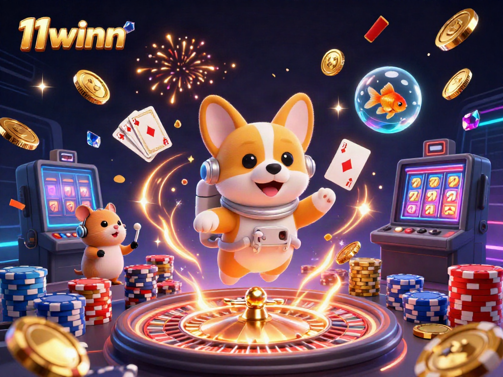 Experience the excitement of 11winn as a cartoon astronaut corgi ventures through a casino in space.