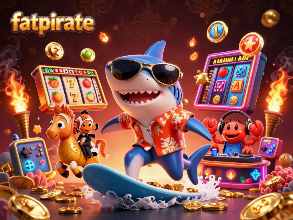 Surf through gold with fatpirate shark and clownfish in a vibrant casino-themed scene.