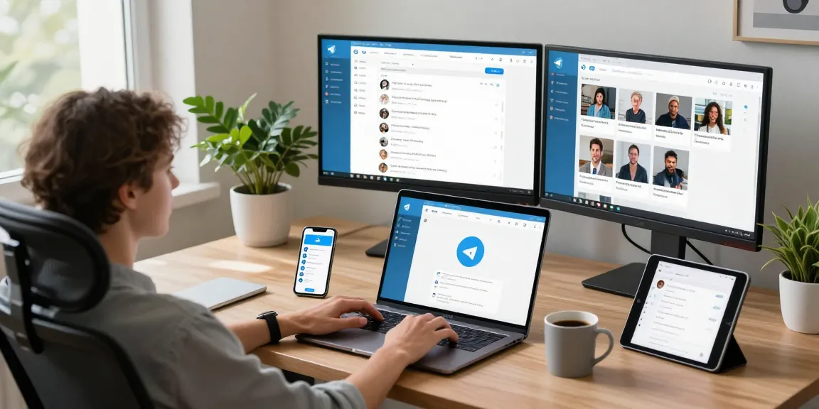 Engaging setup of a user interacting with Telegram Web Version in a modern home office