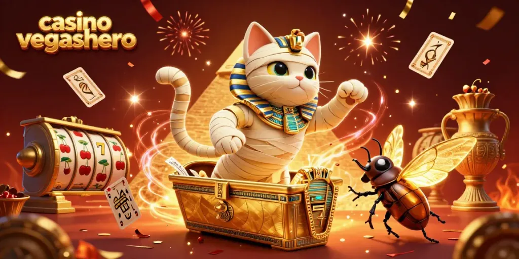 Experience the excitement of casino vegashero with a vibrant Egyptian-themed illustration featuring a mummy cat and slot machines.