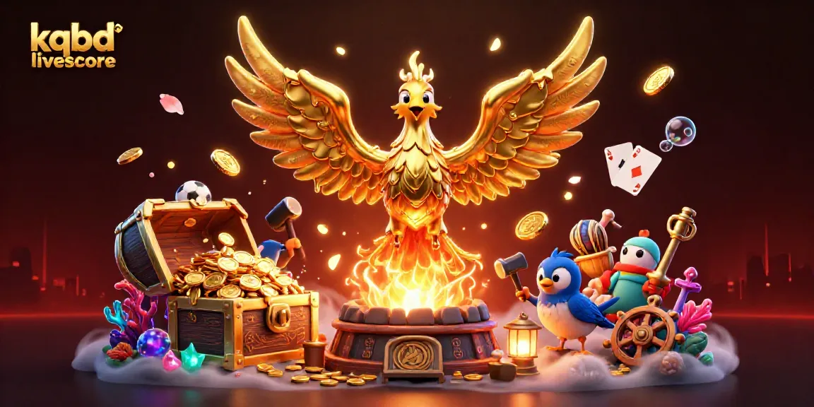 Experience the excitement of kqbd livescore as a golden phoenix emerges, surrounded by sports elements and treasure.