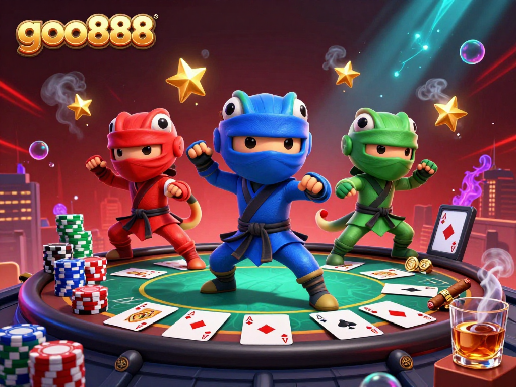 Experience the dynamic fun of goo888 with ninja chameleons engaging in thrilling poker action.