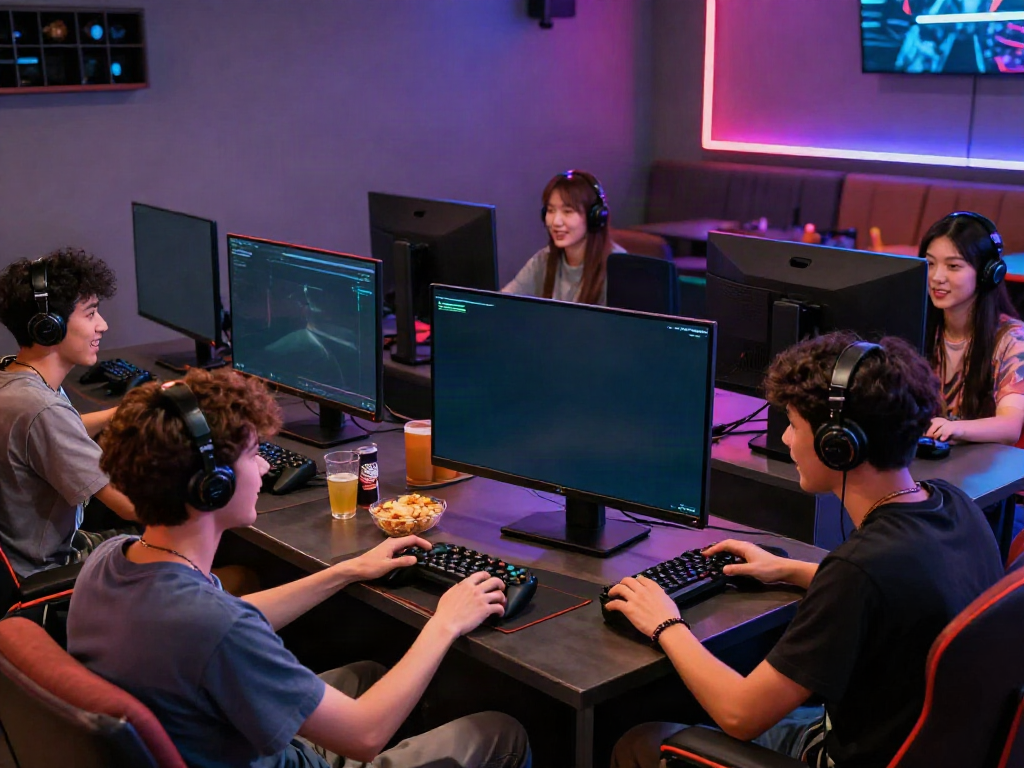 Youthful gamers enjoying interactive gameplay at Manclub, an exciting atmosphere with neon lights and plush seating, https://manclub1.jp.net/.