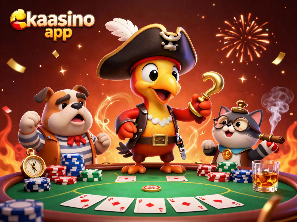 Engage with the kaasino app in a vibrant, dynamic casino scene featuring playful characters and game elements.
