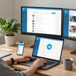Engaging setup of a user interacting with Telegram Web Version in a modern home office